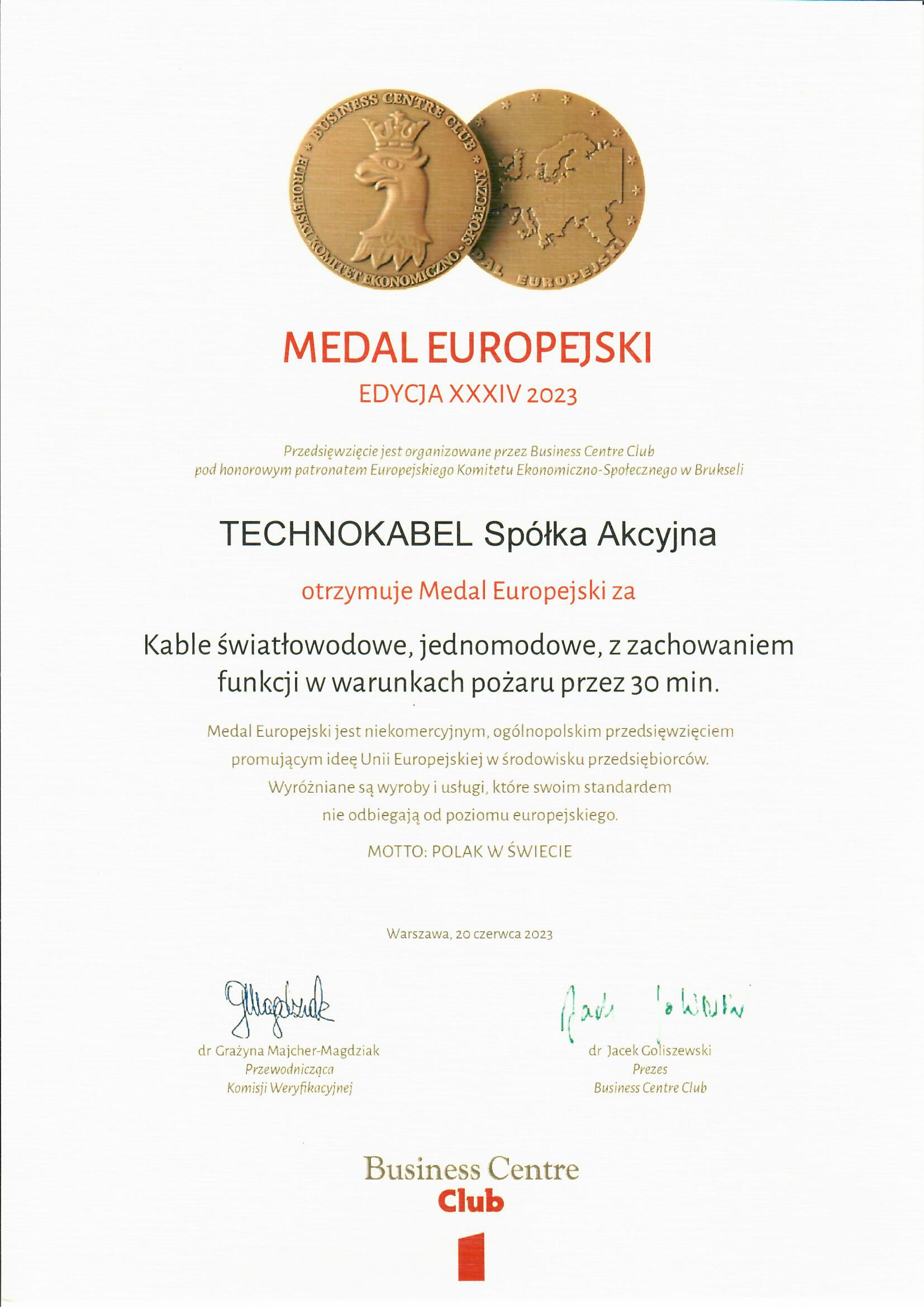 Medal Europejski za&nbsp;kable światłowodowe, jednomodowe,&nbsp;z&nbsp;zachowaniem funkcji&nbsp;w&nbsp;warunkach pożaru przez&nbsp;30 min